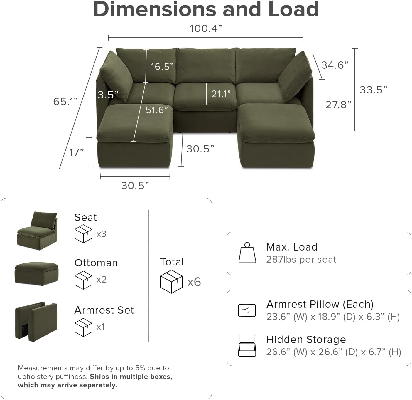 mopio Oversized Modular Sectional Sofa with Fully Removable Covers and Storage, Convertible U