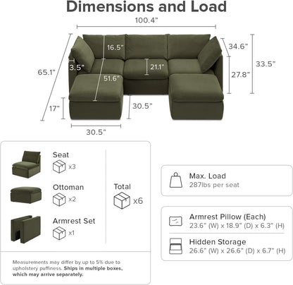 mopio Oversized Modular Sectional Sofa with Fully Removable Covers and Storage, Convertible U