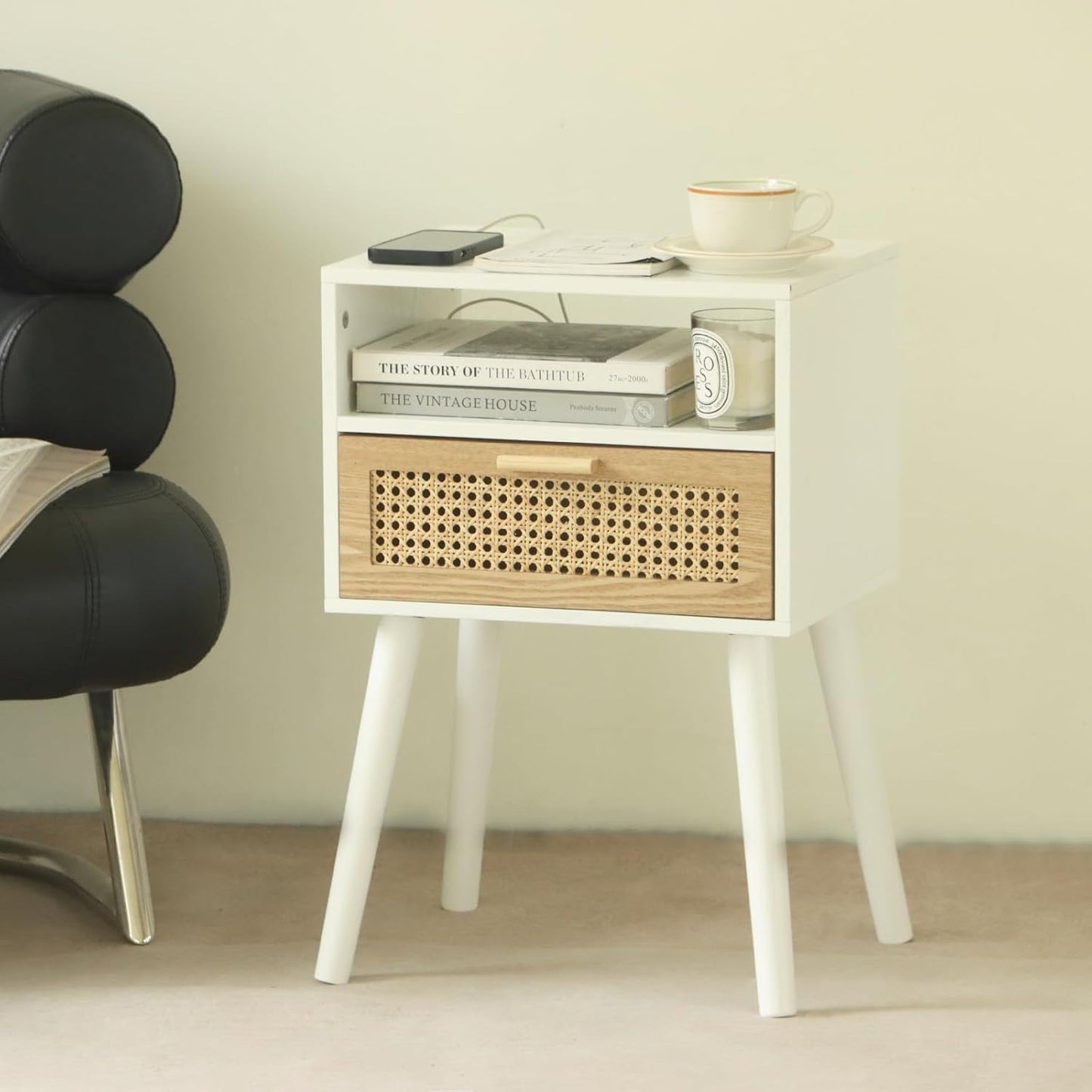 MaxSmeo Nightstand with Charging Station, Bedside Tables with Rattan Drawer, Mid Century Modern
