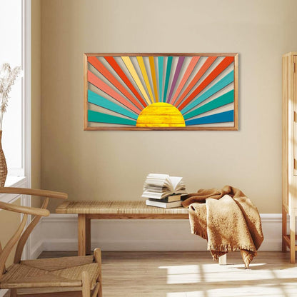 IARTTOP Large Boho Sun Wall Art Framed Wooden Art Wall Decor Sun Geometric Line Sunshine Wall Art