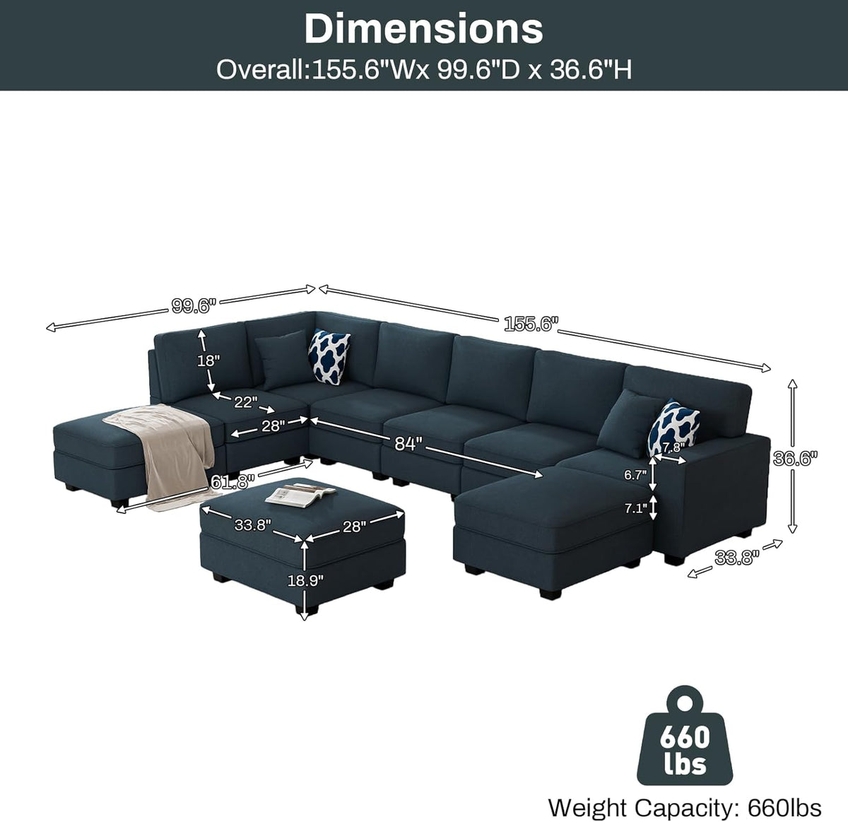 L Lengend Vansen Modular Sectional Sofa U Shaped Couch with Ottoman Modern Reversible Corner