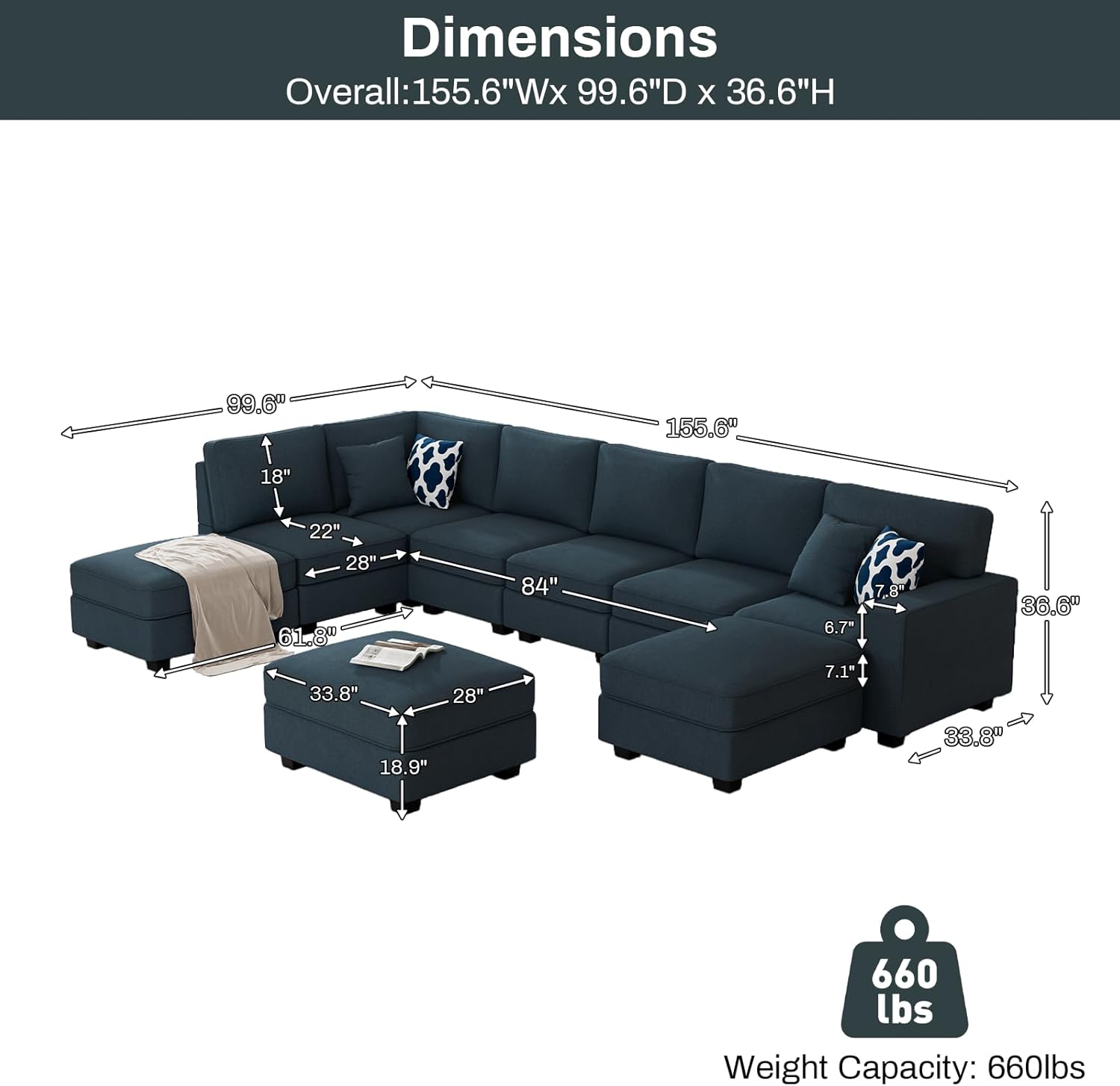 L Lengend Vansen Modular Sectional Sofa U Shaped Couch with Ottoman Modern Reversible Corner