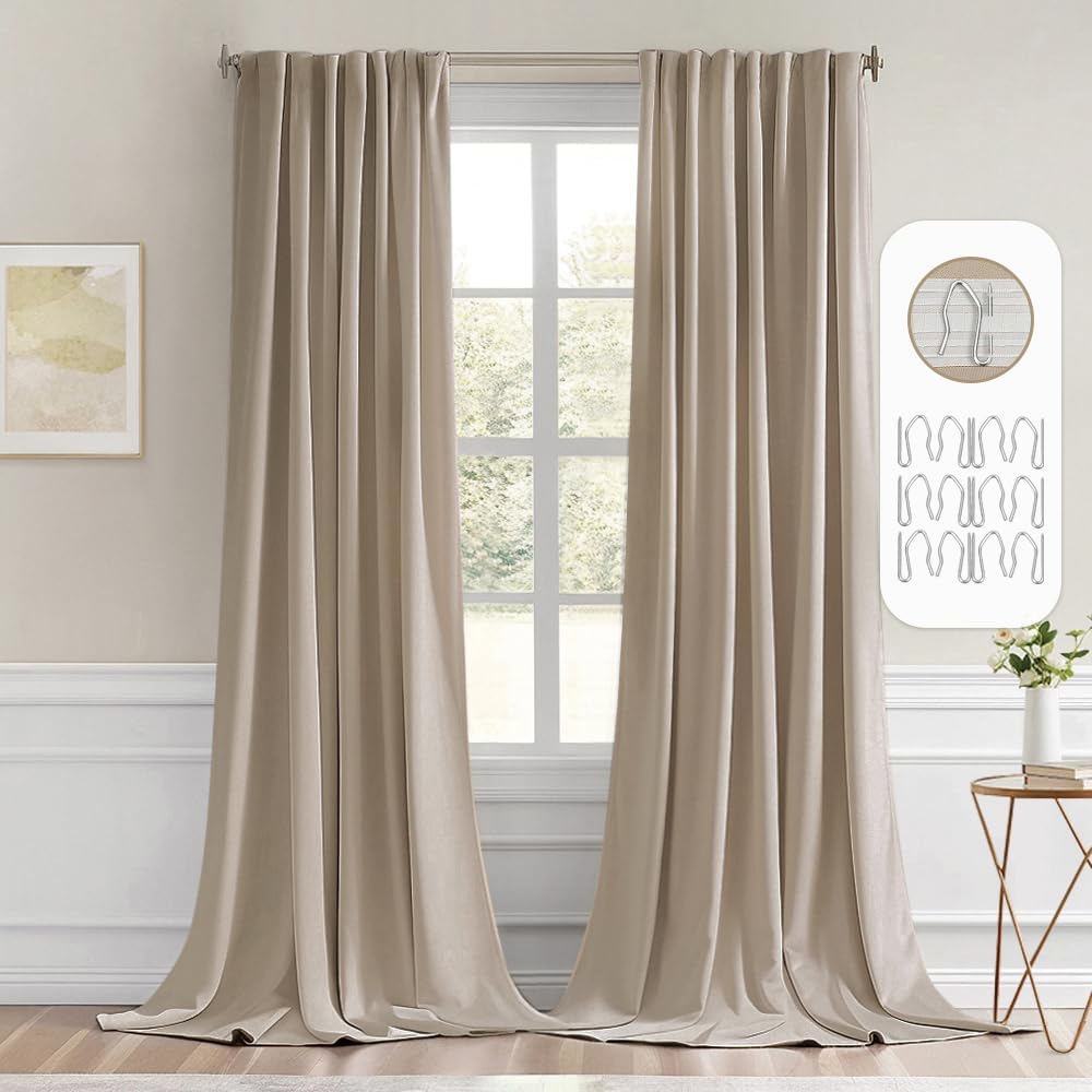 MIULEE Taupe Back Tab Blackout Curtains 120 Inch Long 2 Panels Set for Bedroom, Rod Pocket/Pinch