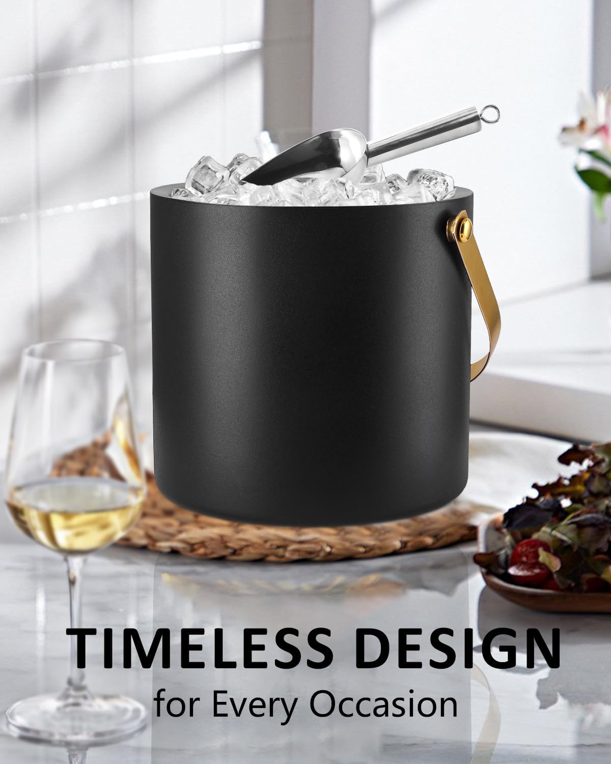 3L Ice Bucket with Silicone Lid, Scoop, Gold Tongs & Strainer, Stainless Steel Double Wall