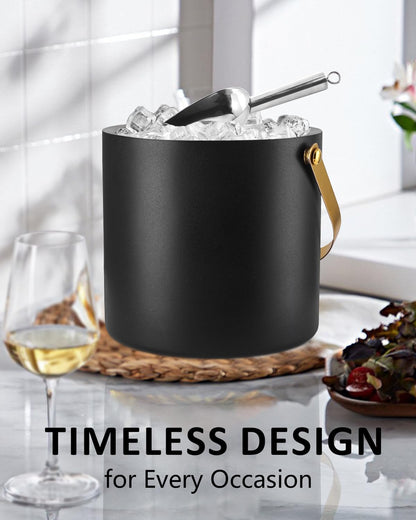3L Ice Bucket with Silicone Lid, Scoop, Gold Tongs & Strainer, Stainless Steel Double Wall
