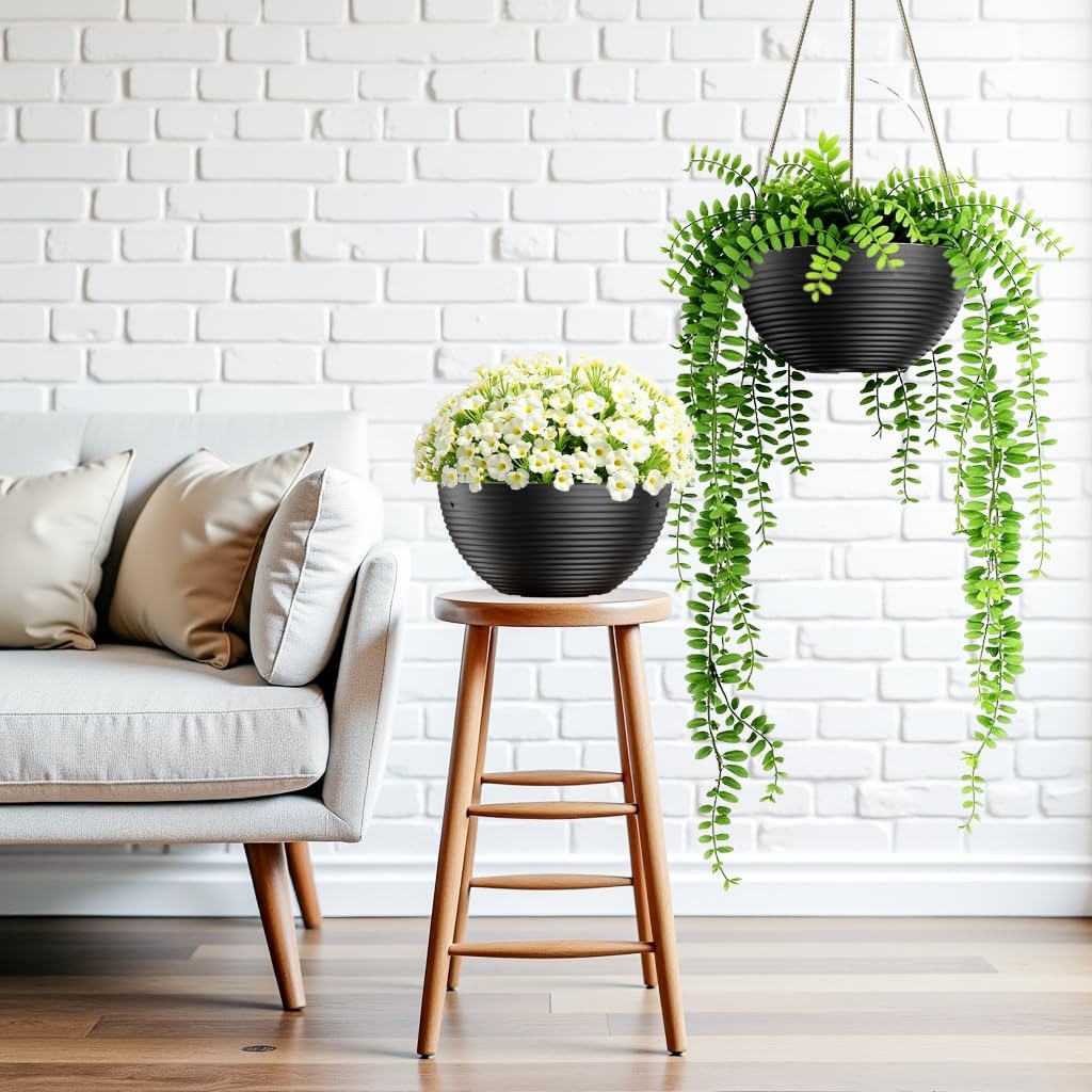 Line Pattern 10 Inch Hanging Planter for Indoor Outdoor Plants, 2 Pack Round Hanging Pots for