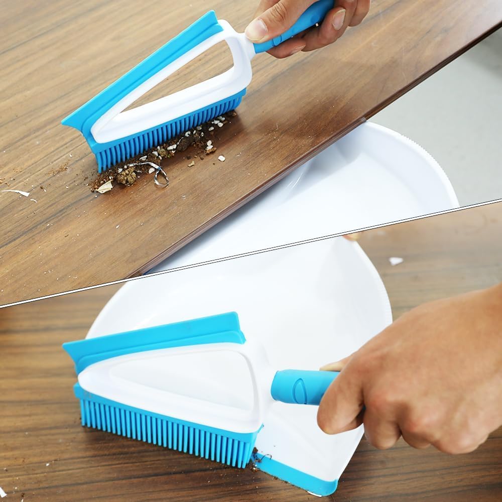 Pet Rubber Brush with Mini Dustpan,Dog Cat Hair Removal Brush with Squeegee,Portable Small Carpet