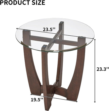 Glass End Table, 23.5" Round Side Tables with Tempered Glass Top Cross and Solid Wood Base Small