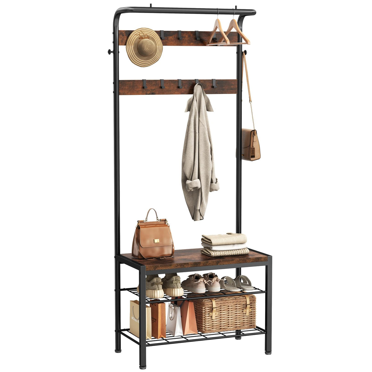 KMFurnila Hall Tree with Bench and Shoe Storage, 4-in-1 Entryway Organizer with 10 Hooks and