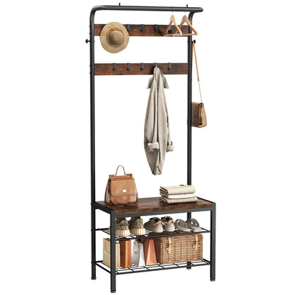KMFurnila Hall Tree with Bench and Shoe Storage, 4-in-1 Entryway Organizer with 10 Hooks and