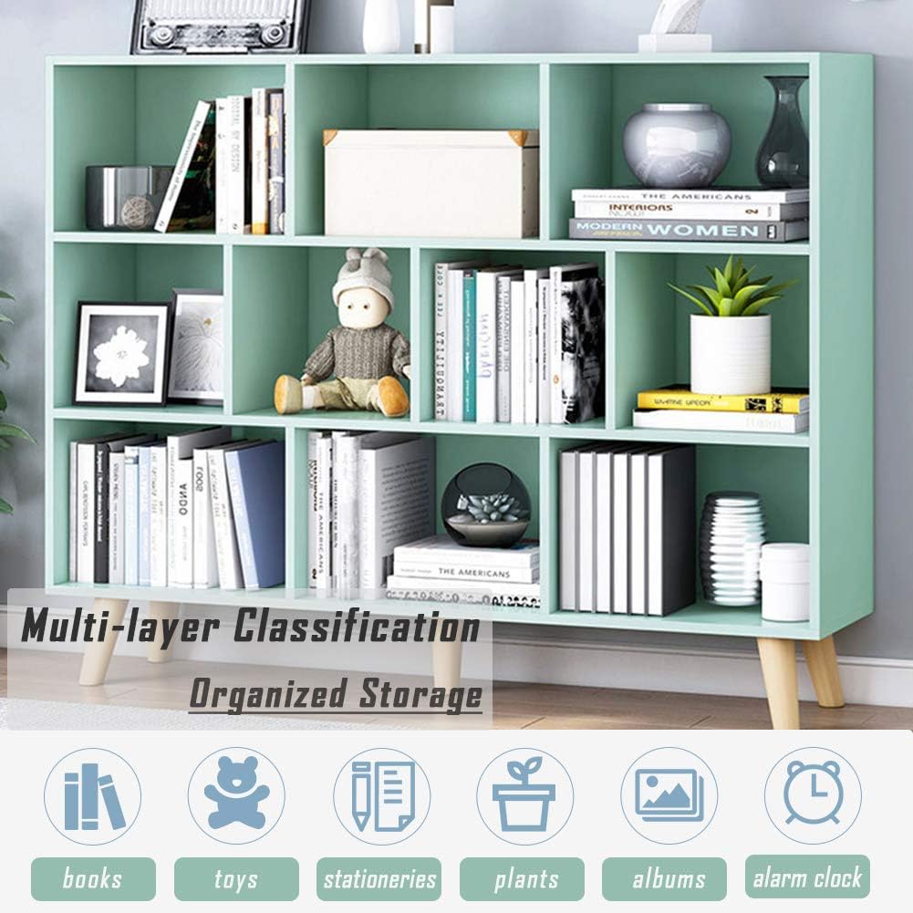 IOTXY Wooden Open Shelf Bookcase - 3-Tier Floor Standing Display Cabinet Rack with Legs, 10 Cubes