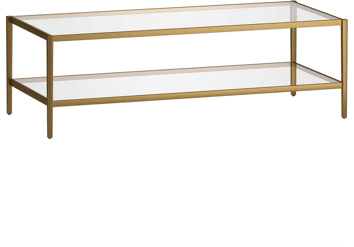 Henn&Hart 54" Wide Rectangular Coffee Table with Glass Shelf in Antique Brass, Modern coffee tables