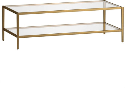 Henn&Hart 54" Wide Rectangular Coffee Table with Glass Shelf in Antique Brass, Modern coffee tables