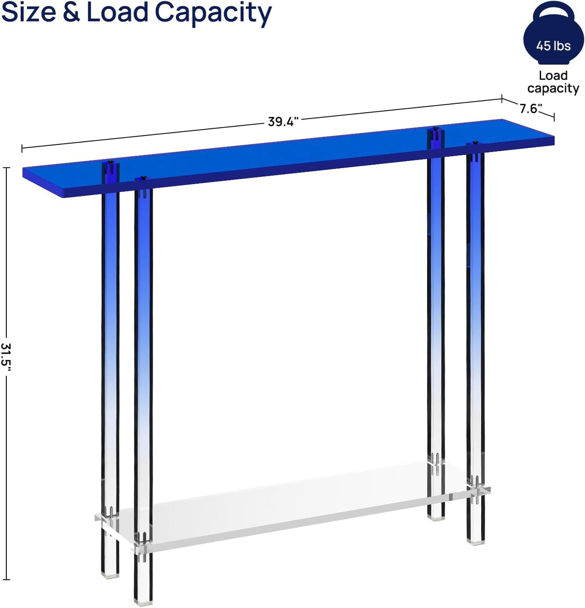 HMYHUM Narrow Acrylic Console Table, with Transparent Gradient Blue Square Legs, 7.6" Width, 2-Tier