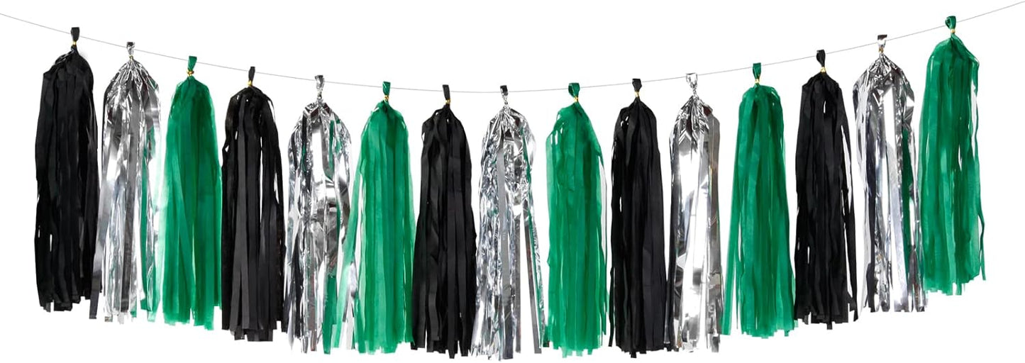 Black Green Silver Tassel Garland - 15pcs Soccer Party Supplies Tassels Graduation Backdrop
