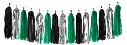 Black Green Silver Tassel Garland - 15pcs Soccer Party Supplies Tassels Graduation Backdrop