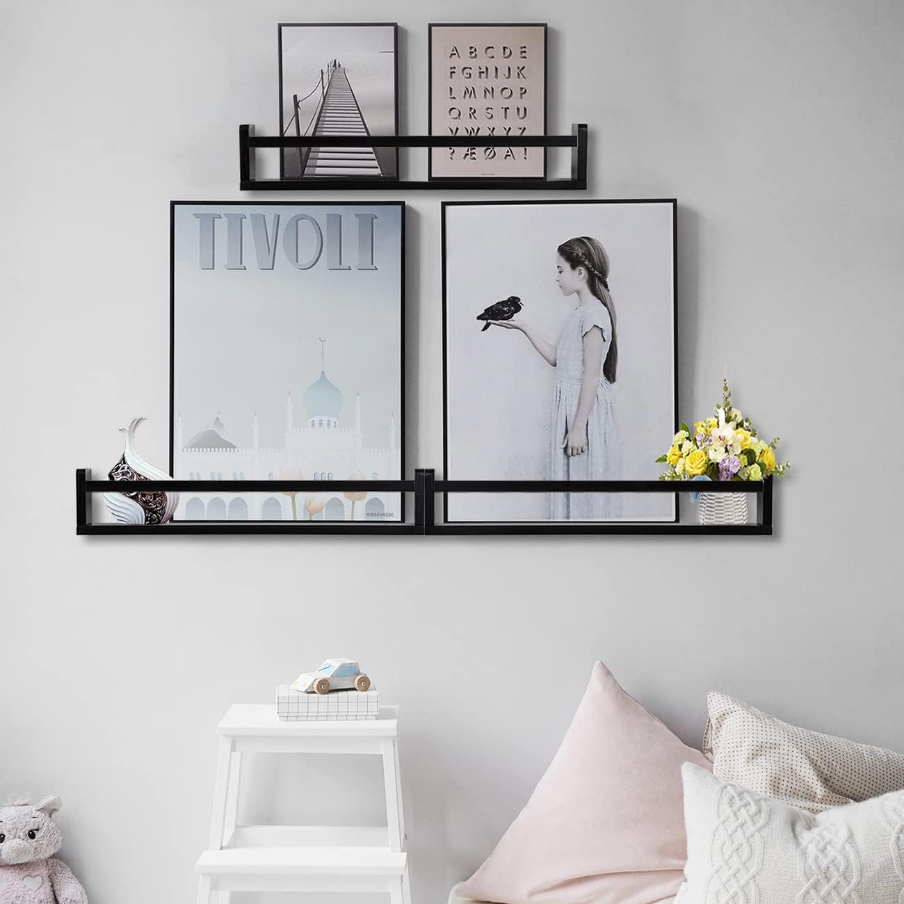 AZSKY Classic Nursery Book Shelves Black Wooden Floating Shelves Wall Bookshelf for Bathroom Decor