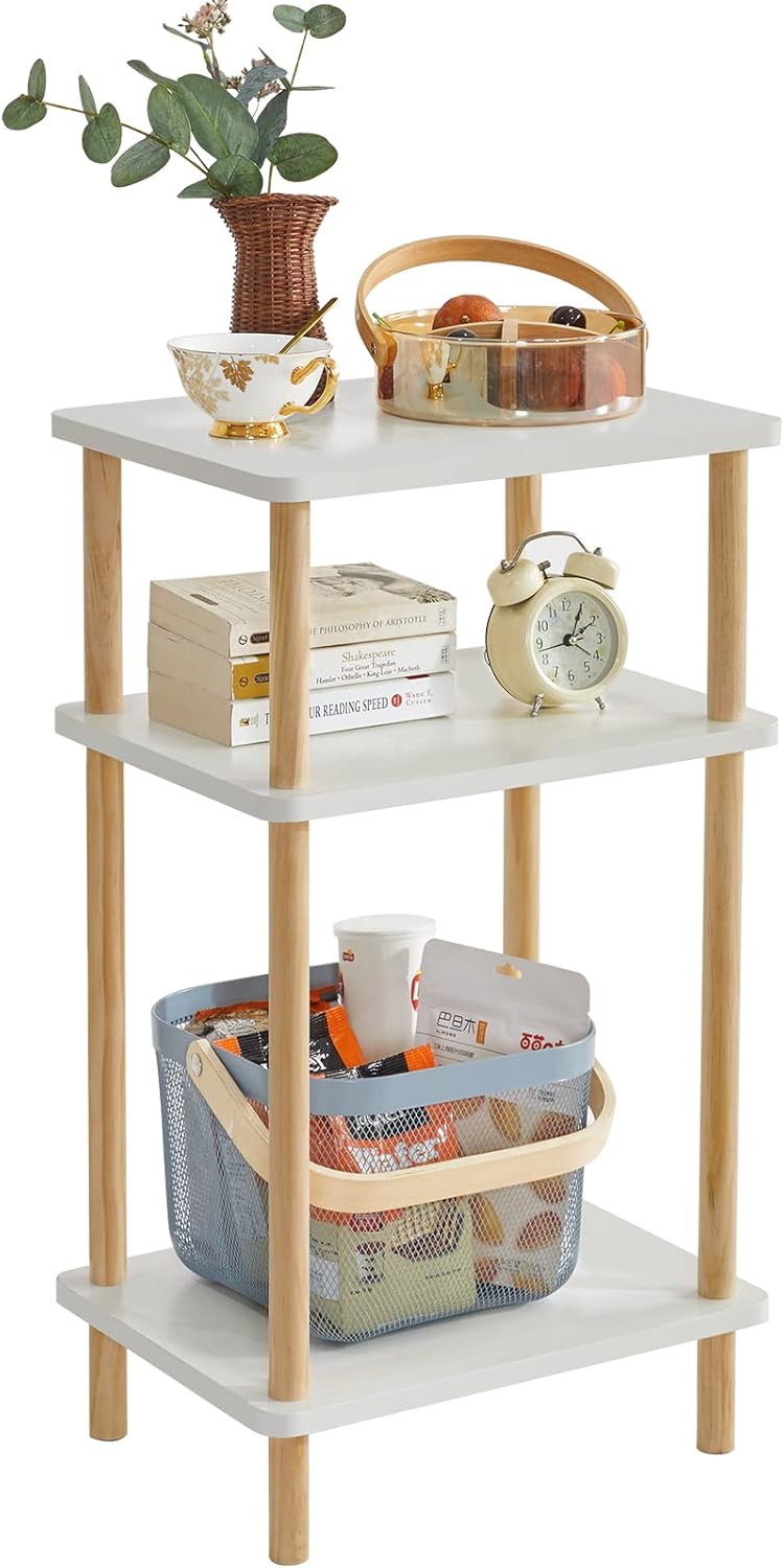 IBUYKE 3-Tier Side Table, Solid Wood Tall End Table with Storage Shelves, Nightstand Bedside Table