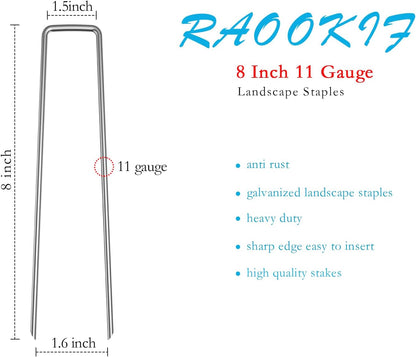 RAOOKIF 8 Inch Galvanized Garden Landscape Staples, 20/50/100/200Pcs Garden Metal Stakes, 11 Gauge