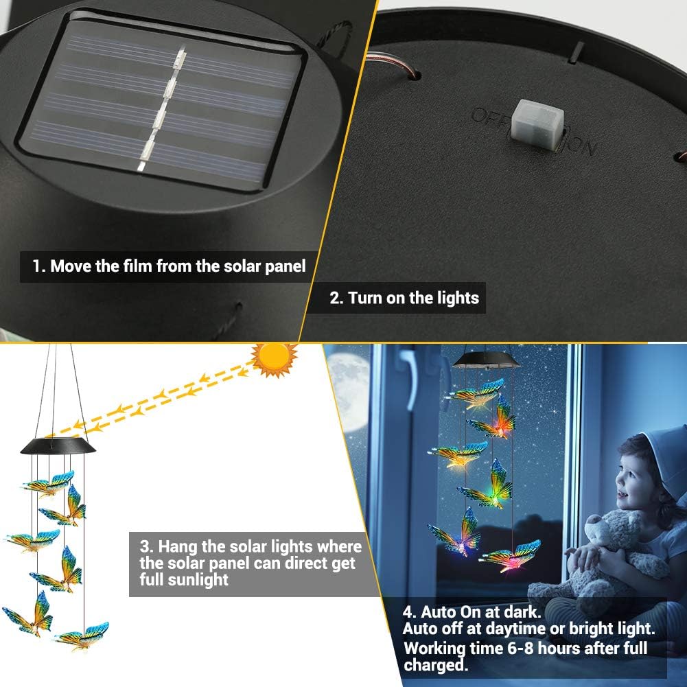 Toodour Solar Wind Chime, Color Changing Wind Chimes Butterfly, LED Decorative Mobile, Gifts for