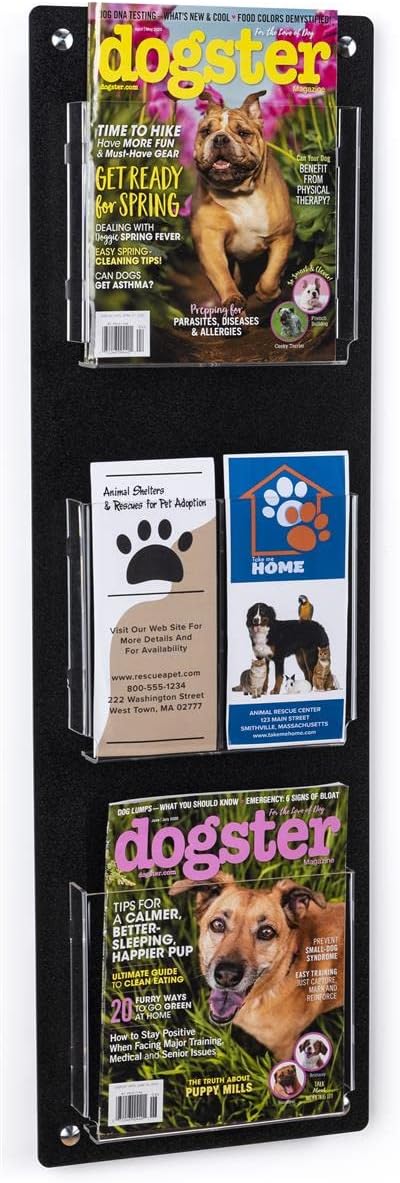 Displays2go Tiered Magazine Holder for Wall, 3-6 Adjustable Pockets, Frameless Acrylic - Black