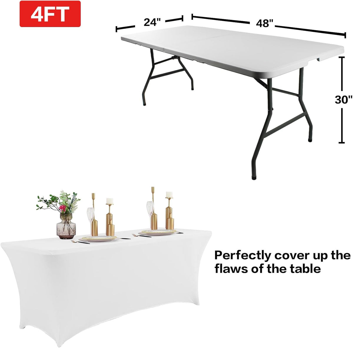 IVAPUPU 2 Pack 4FT Table Cloth for Rectangular Fitted Events Stretch White Table Covers Washable