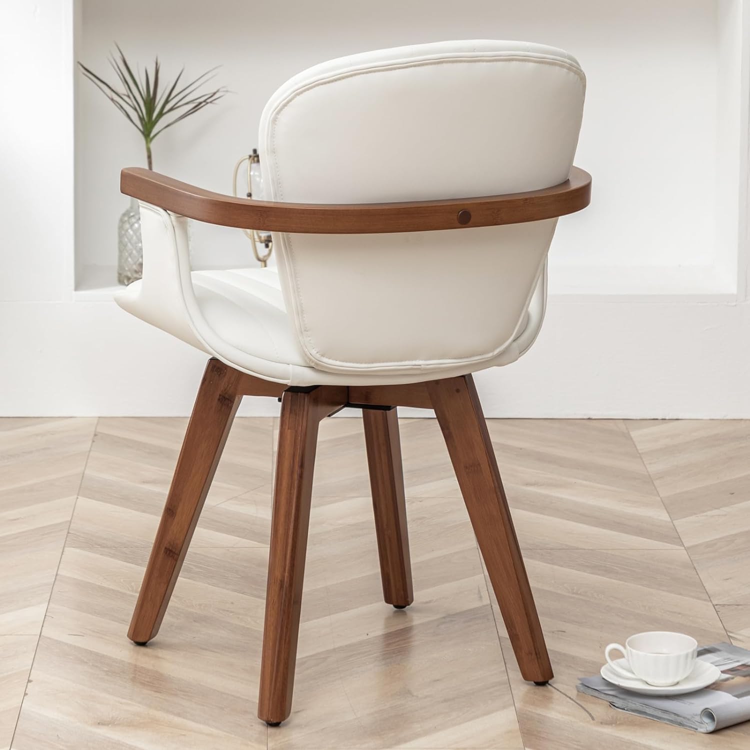 LUNLING Swivel Dining Chairs, Mid Century Modern White Faux Leather Kitchen Chairs with Arms,Bamboo