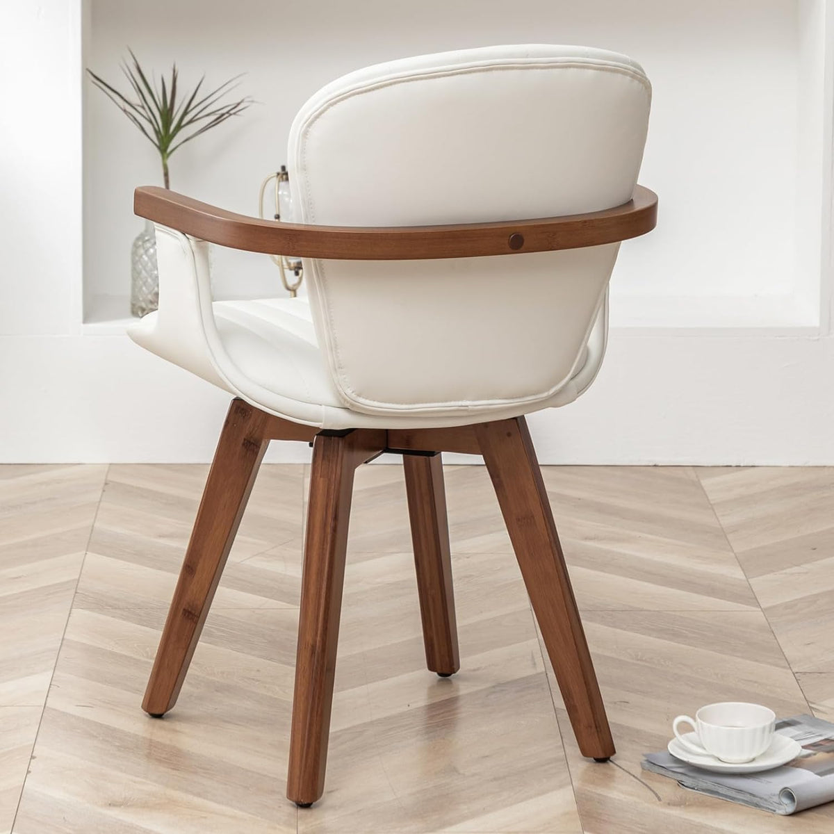 LUNLING Swivel Dining Chairs Set of 4, Mid Century Modern White Faux Leather Kitchen Chairs with