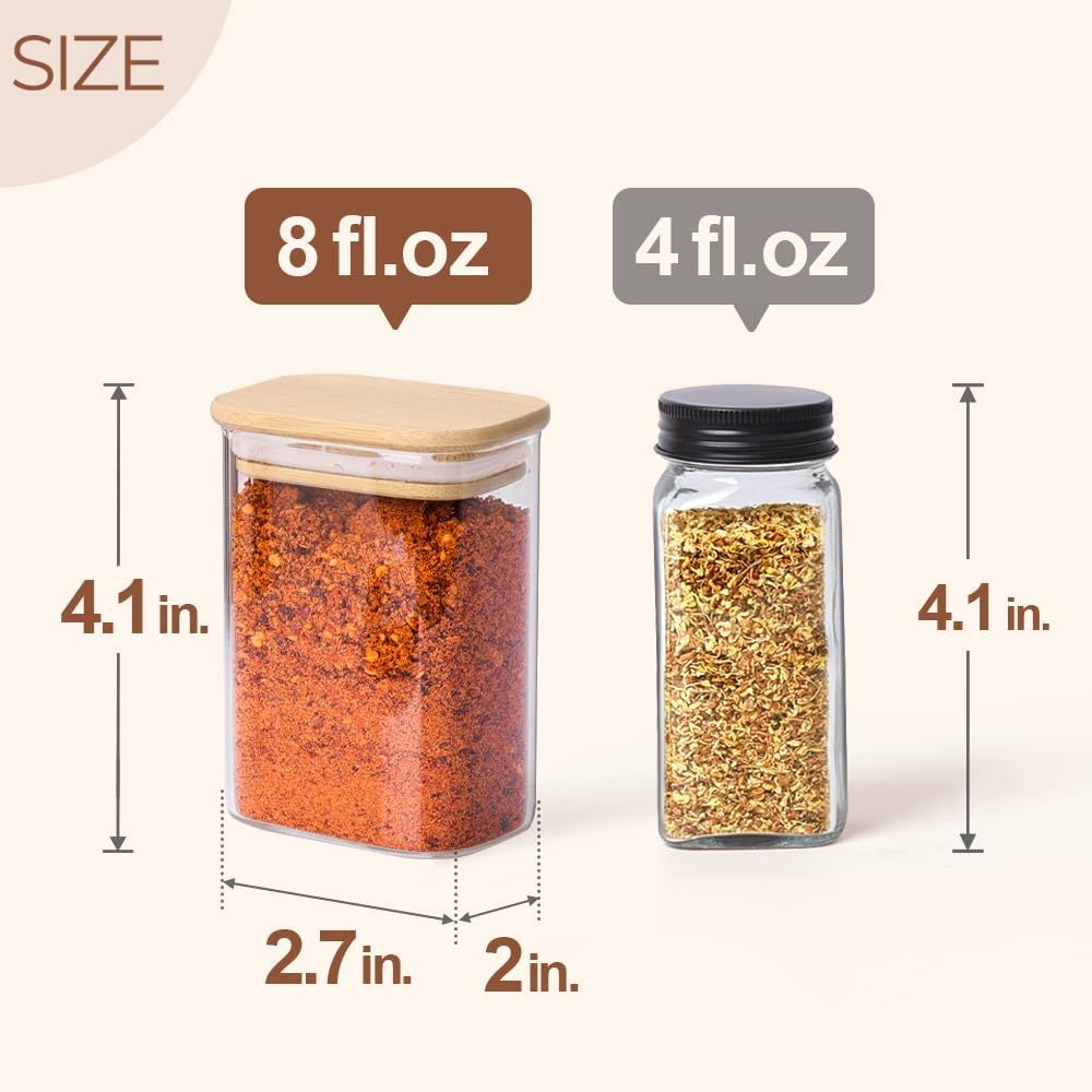 Comsaf Spice Jars with Label，8 oz Small Glass Jars with Lids, 6 Pcs Seasoning Containers, Rectangle