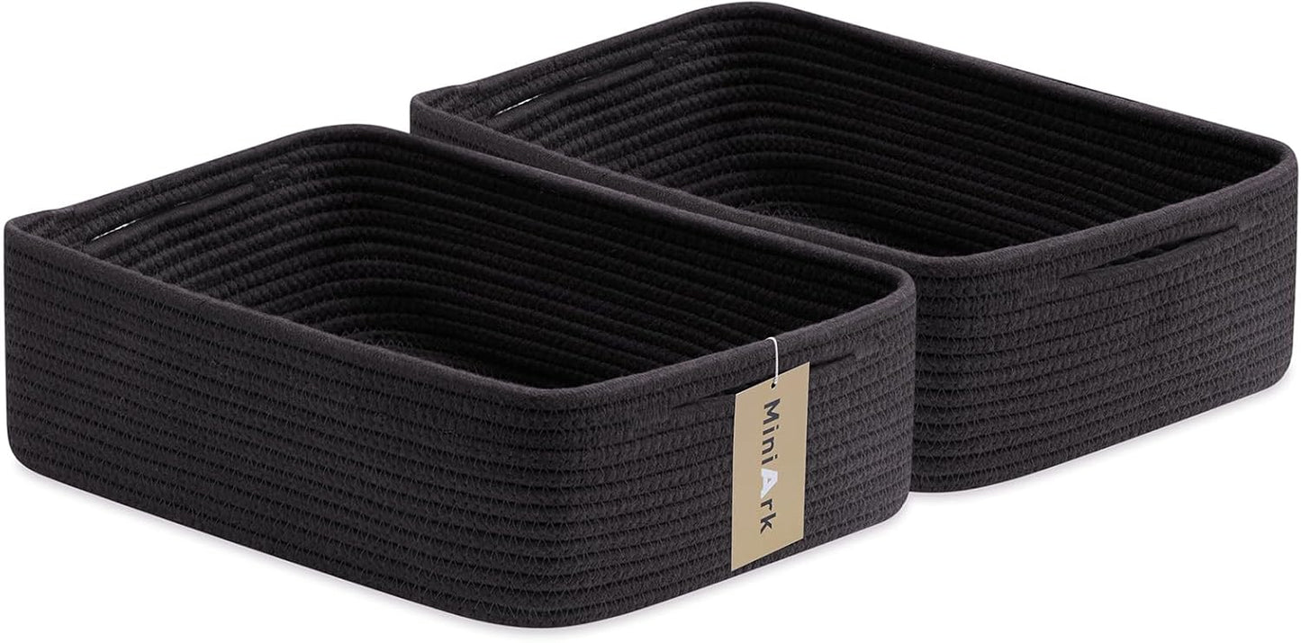 Large Shallow Organizing Baskets 15x11x5.1 Inches - Rope Woven Storage Bins for Bathroom, Shelves