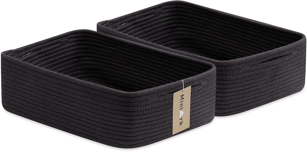 Large Shallow Organizing Baskets 15x11x5.1 Inches - Rope Woven Storage Bins for Bathroom, Shelves