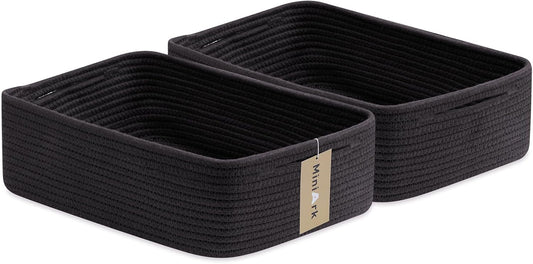 Large Shallow Organizing Baskets 15x11x5.1 Inches - Rope Woven Storage Bins for Bathroom, Shelves