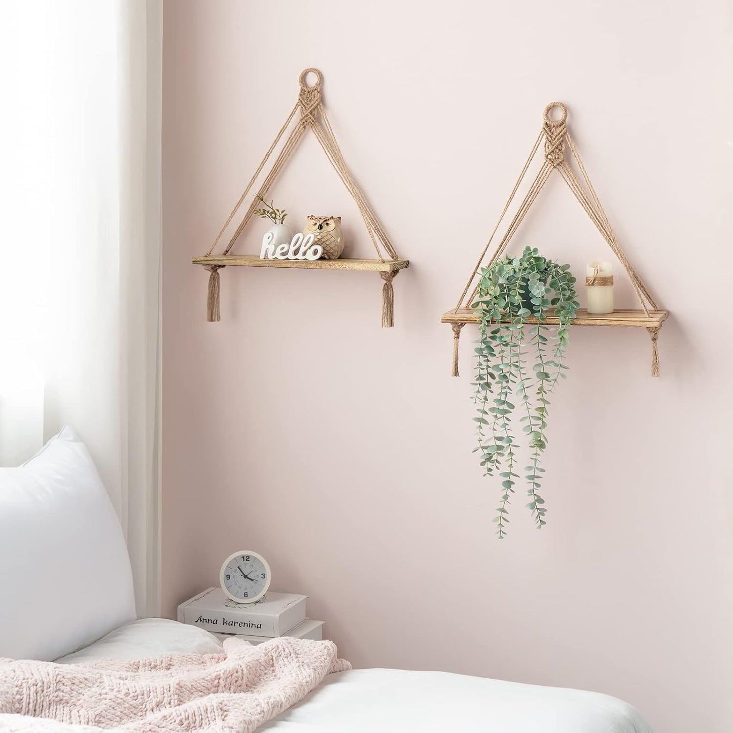 Mkono Macrame Hanging Shelves Boho Wall Decor Set of 2 Rustic Wood Floating Storage Shelf for