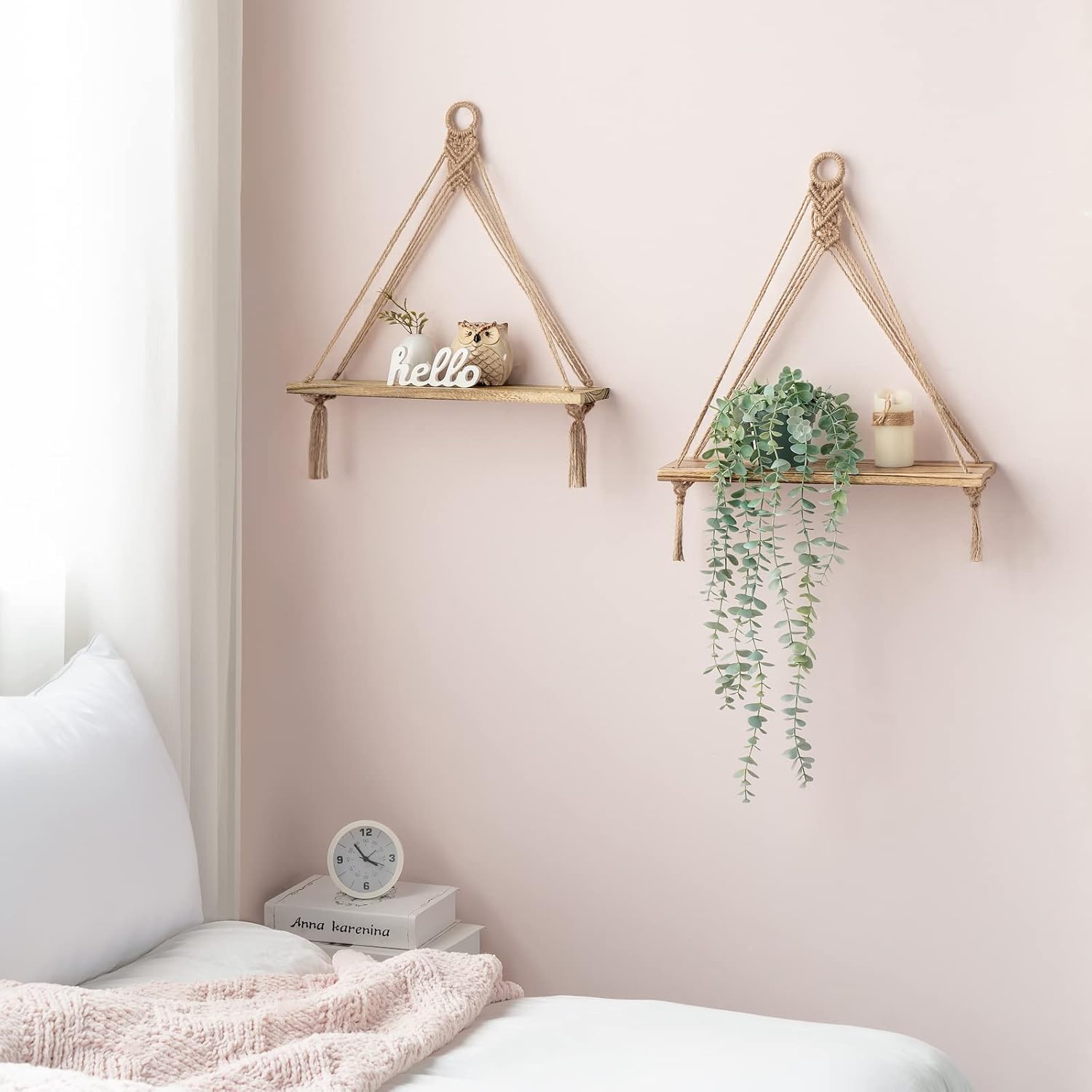 Mkono Macrame Hanging Shelves Boho Wall Decor Set of 2 Rustic Wood Floating Storage Shelf for