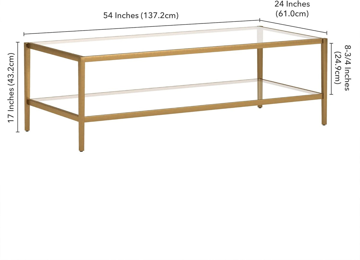 Henn&Hart 54" Wide Rectangular Coffee Table with Glass Shelf in Antique Brass, Modern coffee tables