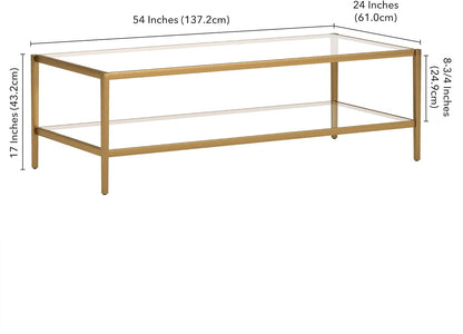 Henn&Hart 54" Wide Rectangular Coffee Table with Glass Shelf in Antique Brass, Modern coffee tables
