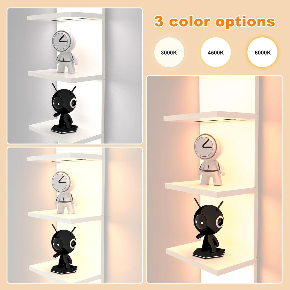 5 Tier Wall Shelf with Light, White Modern Vertical Lack Wall Shelves, Wall Mount, Floating Column