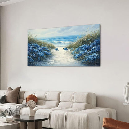 LASMOND Romantic Beach Wall Art for Living Room Blue Sea Turtle Lovers Canvas Painting Prints Ocean