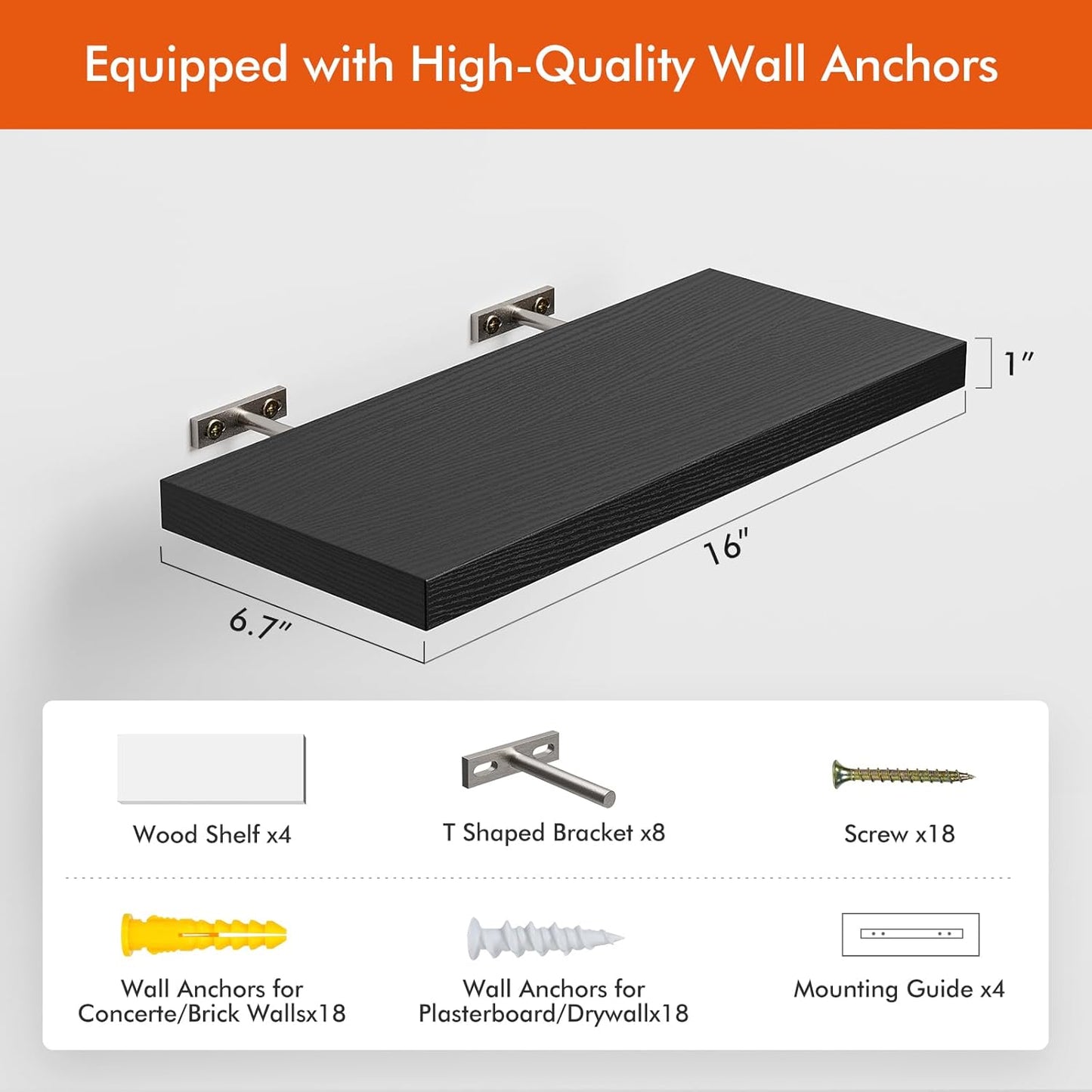 16’’Black Floating Shelves for Wall Set of 4,Rustic Wood Shelf for Room Decor/Storage/Display,Small