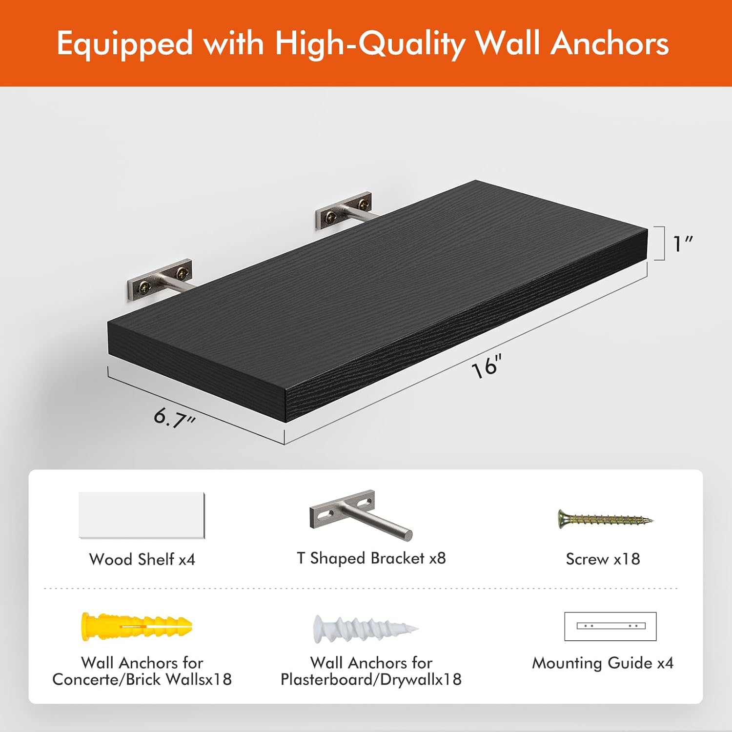 16’’Black Floating Shelves for Wall Set of 4,Rustic Wood Shelf for Room Decor/Storage/Display,Small