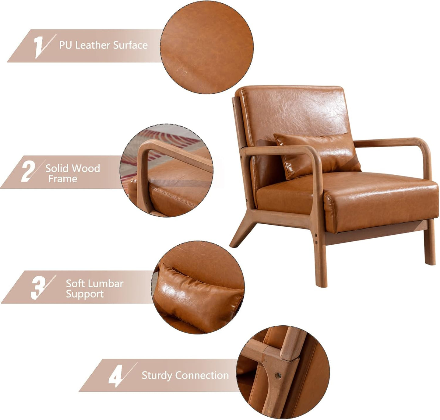 INZOY Mid Century Modern Accent Chair with Wood Frame, PU Leather Reading Armchair with Waist