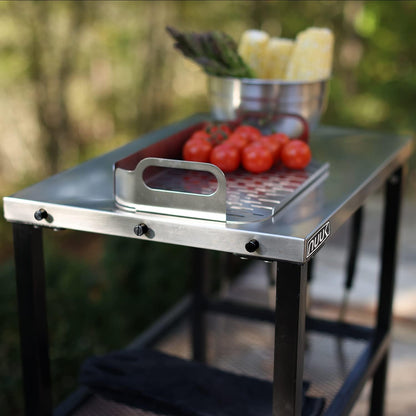 NUUK Three-Shelf Rolling Outdoor Dining Cart Table, 16" x 24" Stainless Steel Commercial