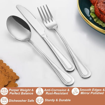 40 Pcs Silverware Set for 8 with Pearled Edge Handle design, Food Grade Stainless Steel Flatware