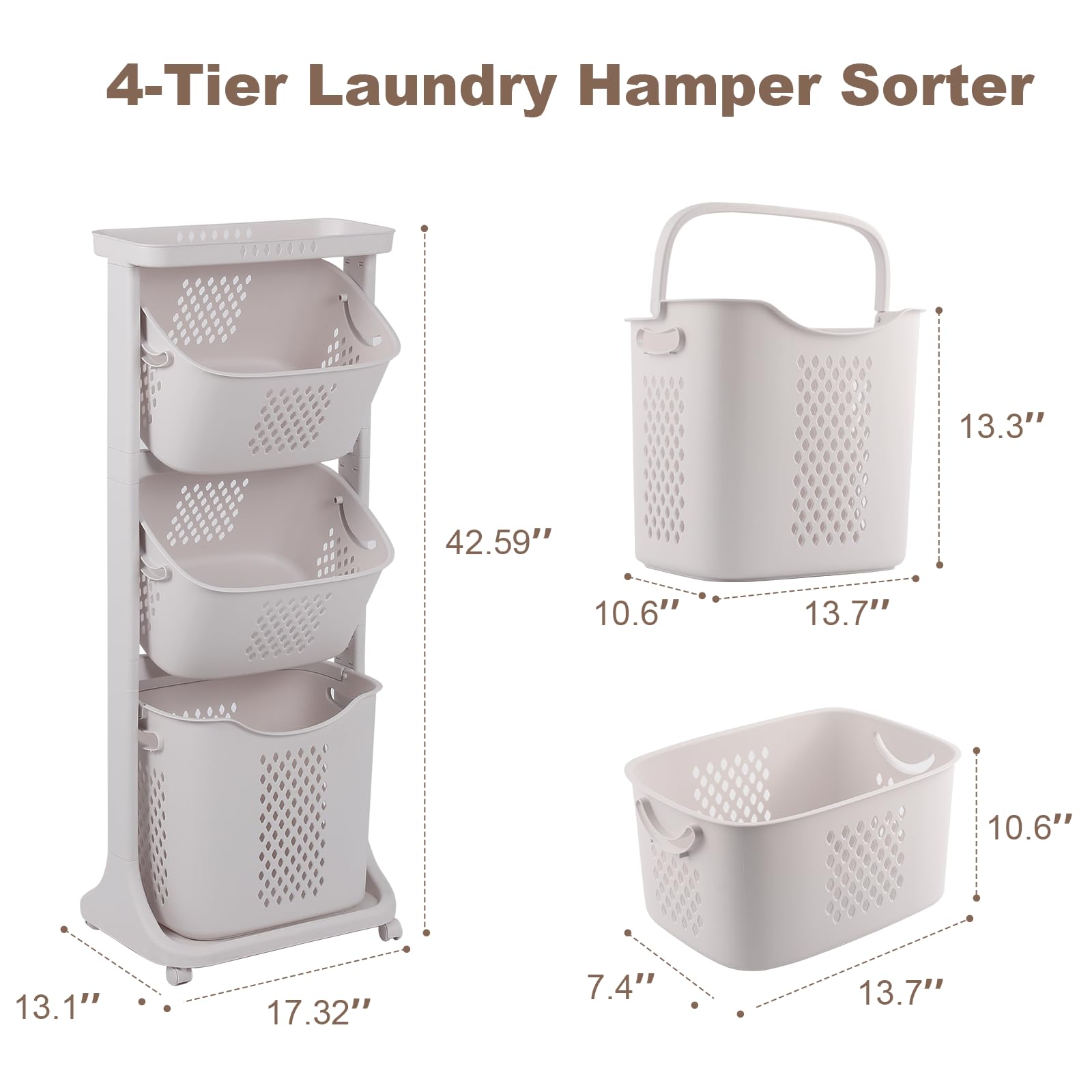 FAHKNS 3-Tier Laundry Hamper Sorter Cart with Wheels, Large 75L Capacity Hamper Organizer, Rolling