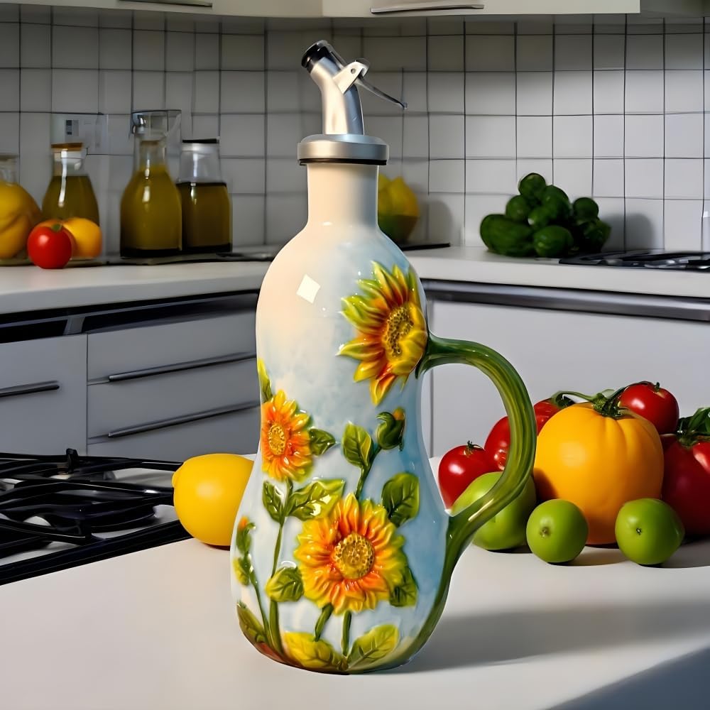 18.26oz/540ml Ceramics Olive Oil Dispenser Bottle,Hand Painted Reliefs Oil Dispenser for