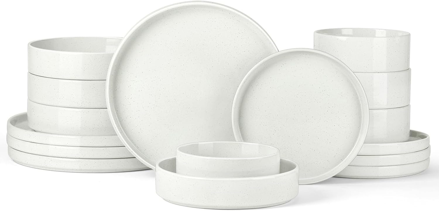 Stoneware Dinnerware Sets for 4 with Pasta Bowl, Onader 16 Piece Plates and Bowls Dish Set