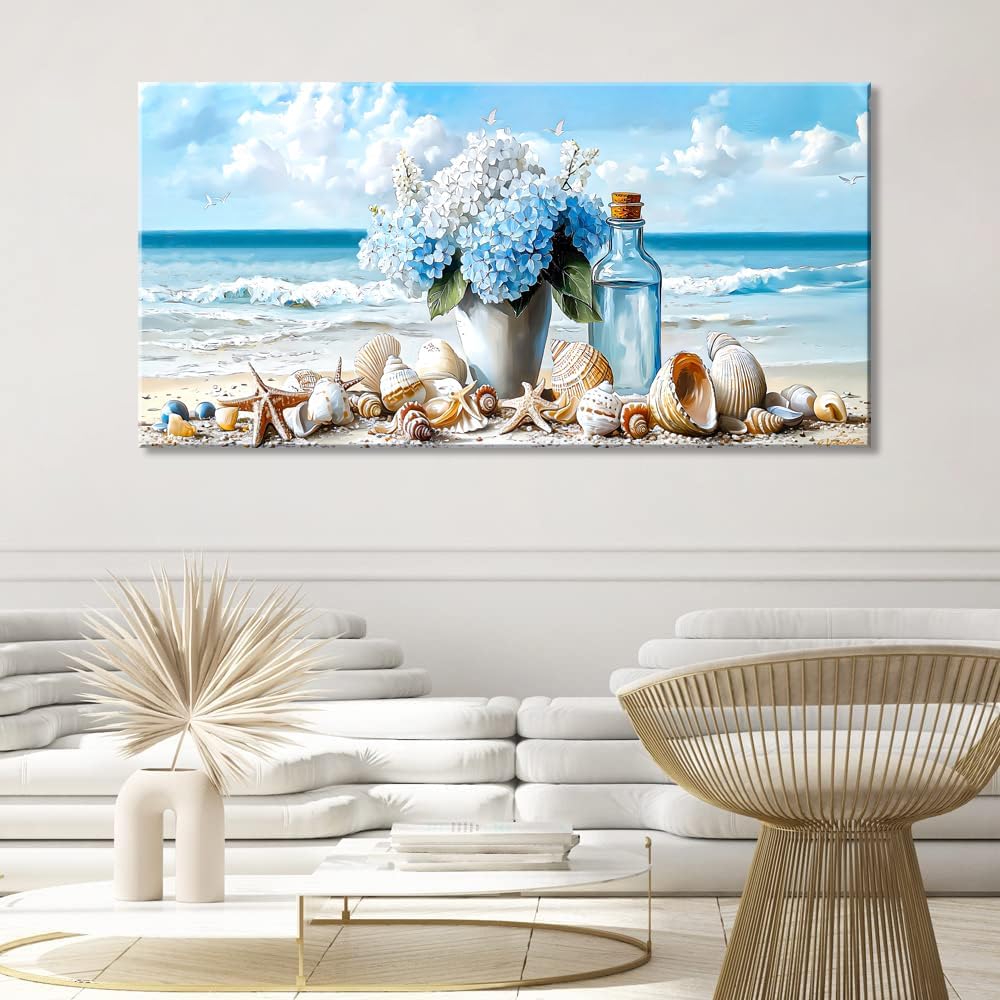 LASMOND Romantic Beach Wall Art for Living Room Blue Shells Conch Vase Canvas Prints Modern Large