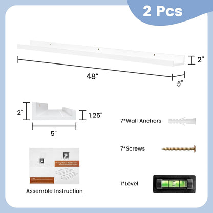 Picture Ledge Shelf for Wall, 48 inch Solid Pine Wood Nursery Book Shelves 2 Packs, Floating Ledge