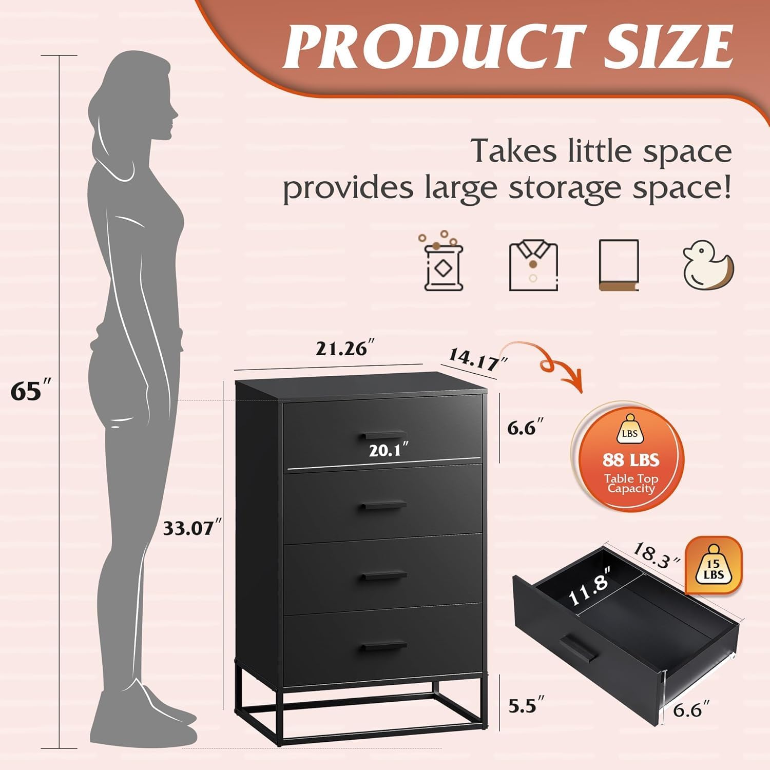 WLIVE Black Dresser for Bedroom with 4 Drawers, Tall Wood Dresser with Sturdy Metal Frame, Wooden