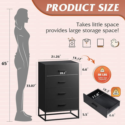 WLIVE Black Dresser for Bedroom with 4 Drawers, Tall Wood Dresser with Sturdy Metal Frame, Wooden